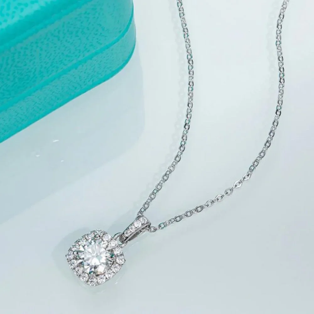 Certified 1ct. t.w. Moissanite Diamond Square Halo Pendant Necklace NEW